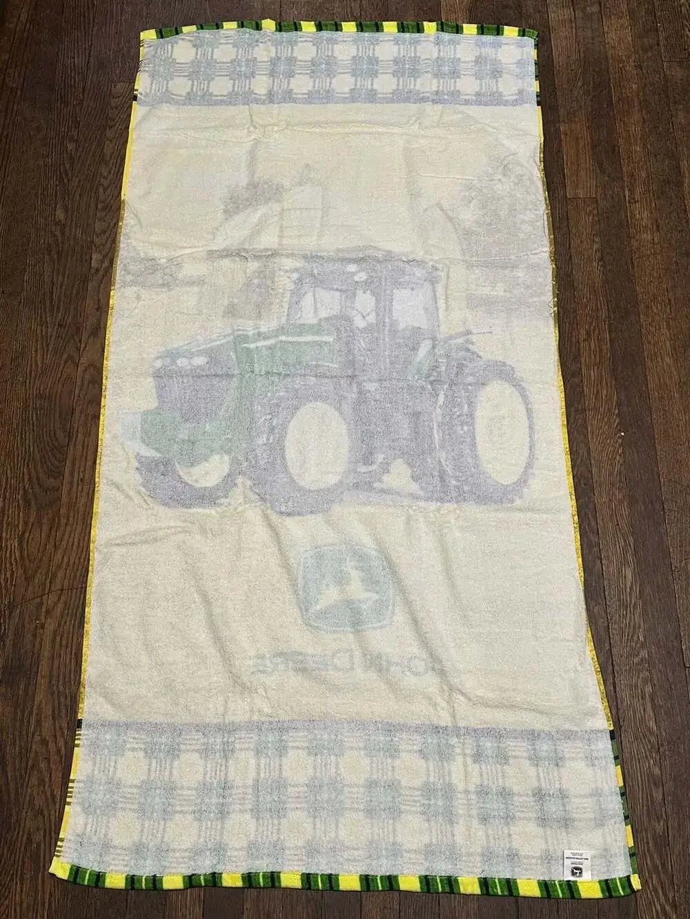 Vintage John Deere Tractor Print 100% Cotton Beach Towel with Plaid Border